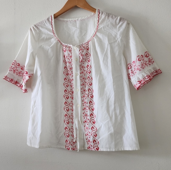 Vintage Gede White Embroidered Floral Botanical Design Button Up Blouse - Picture 3 of 5